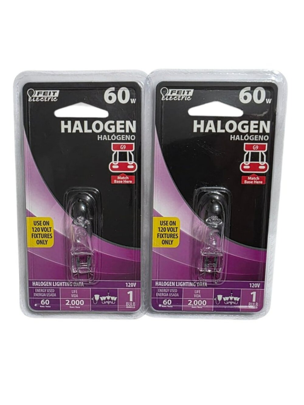 2 New Feit Electric 60W G9 Halogen Light Bulb 120V 2000-Hour Clear Replacement